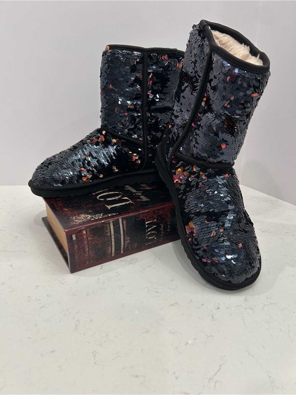 UGG Black Sequin Mid-Calf Winter Boots with Shearling Lining